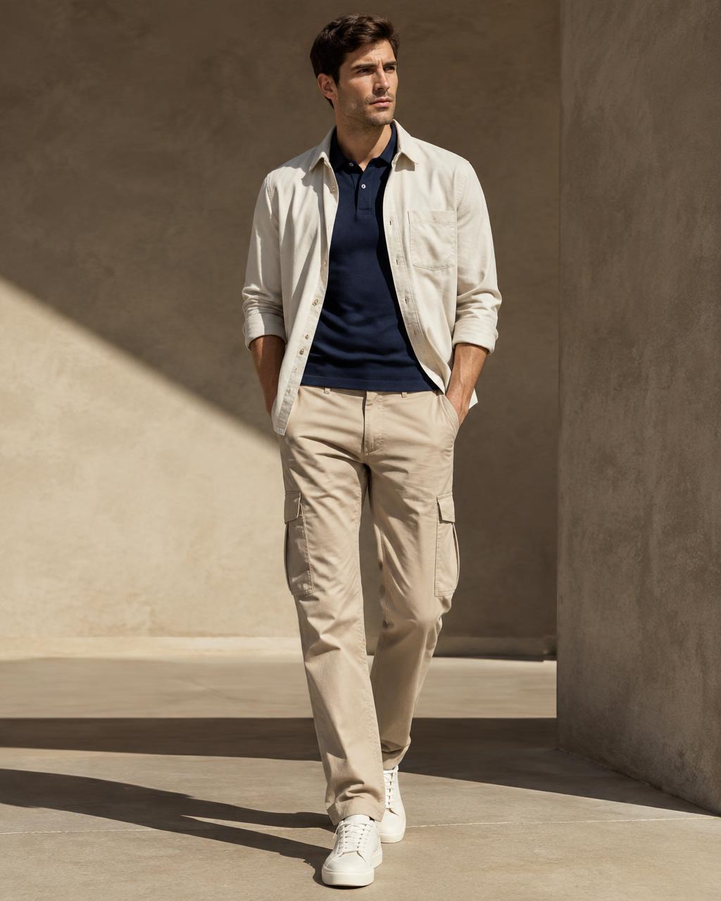 Man in a polo, overshirt and cargo trousers