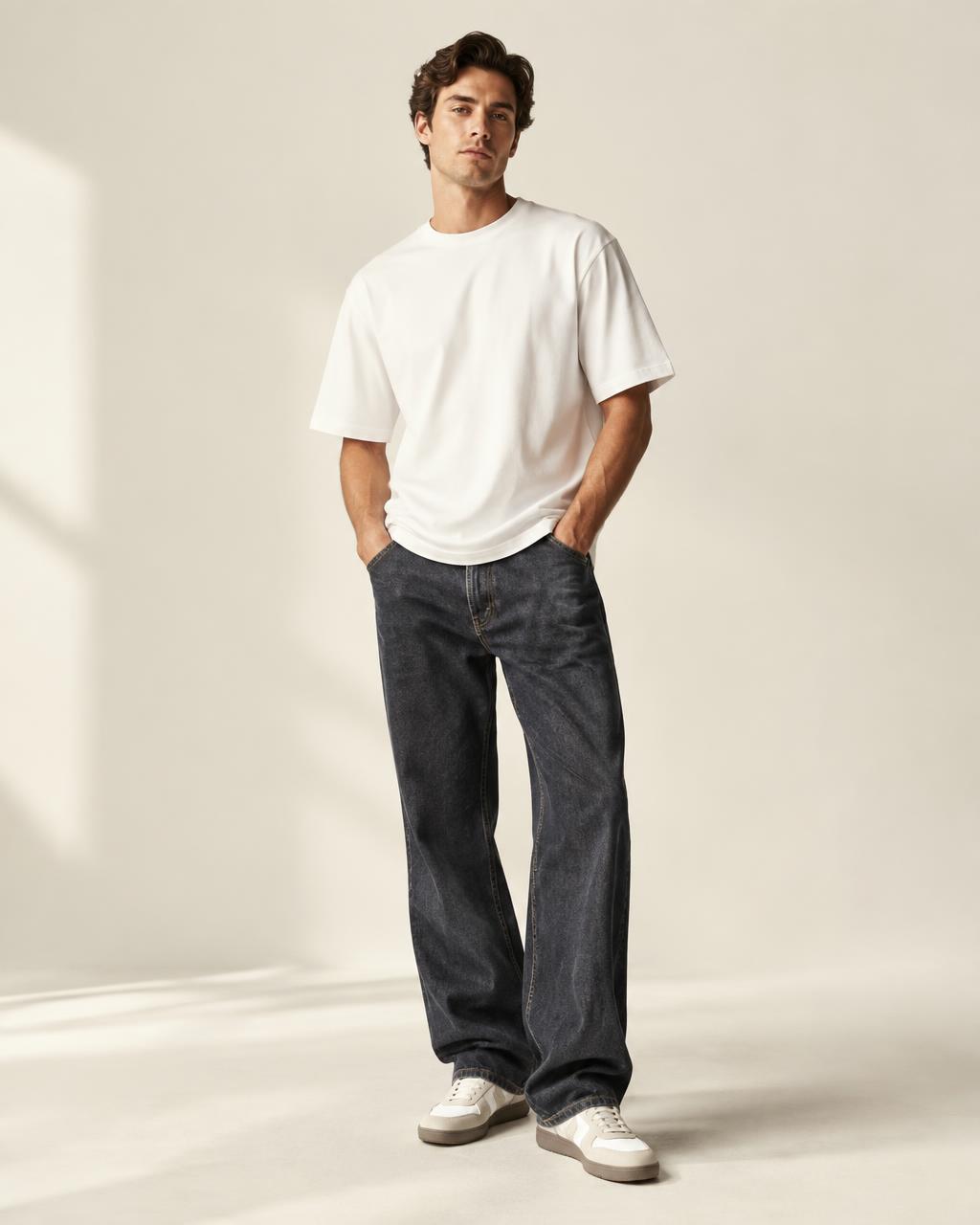 Man in dark relaxed jeans and a heavyweight tee