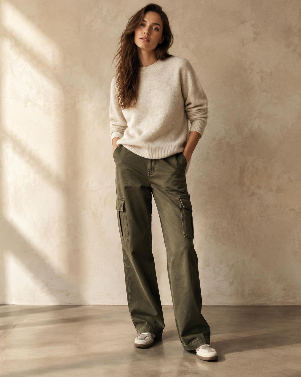 Woman wearing an oatmeal sweater and olive cargo pants